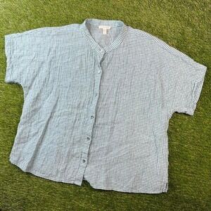 Eileen Fisher Organic Linen Shirt Women's L Blue Green Check Mandarin Button Top